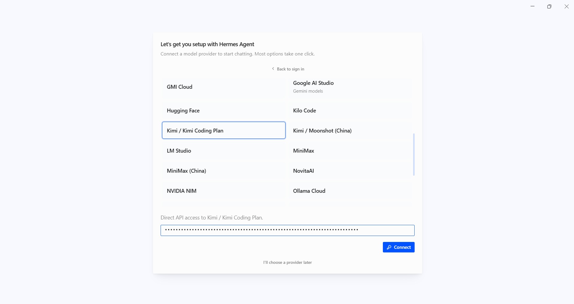 วาง API key แล้วกด Connect ใน Hermes
